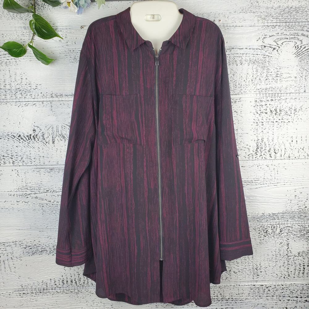 Rock & Republic Striped Full-Zip Tunic Blouse – Merlot / Flame Purple Size XXL
